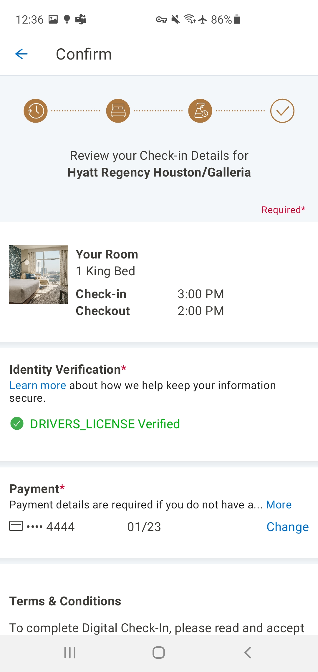 Digital Check-In confirmation screen — room details, housekeeping, and payment summary