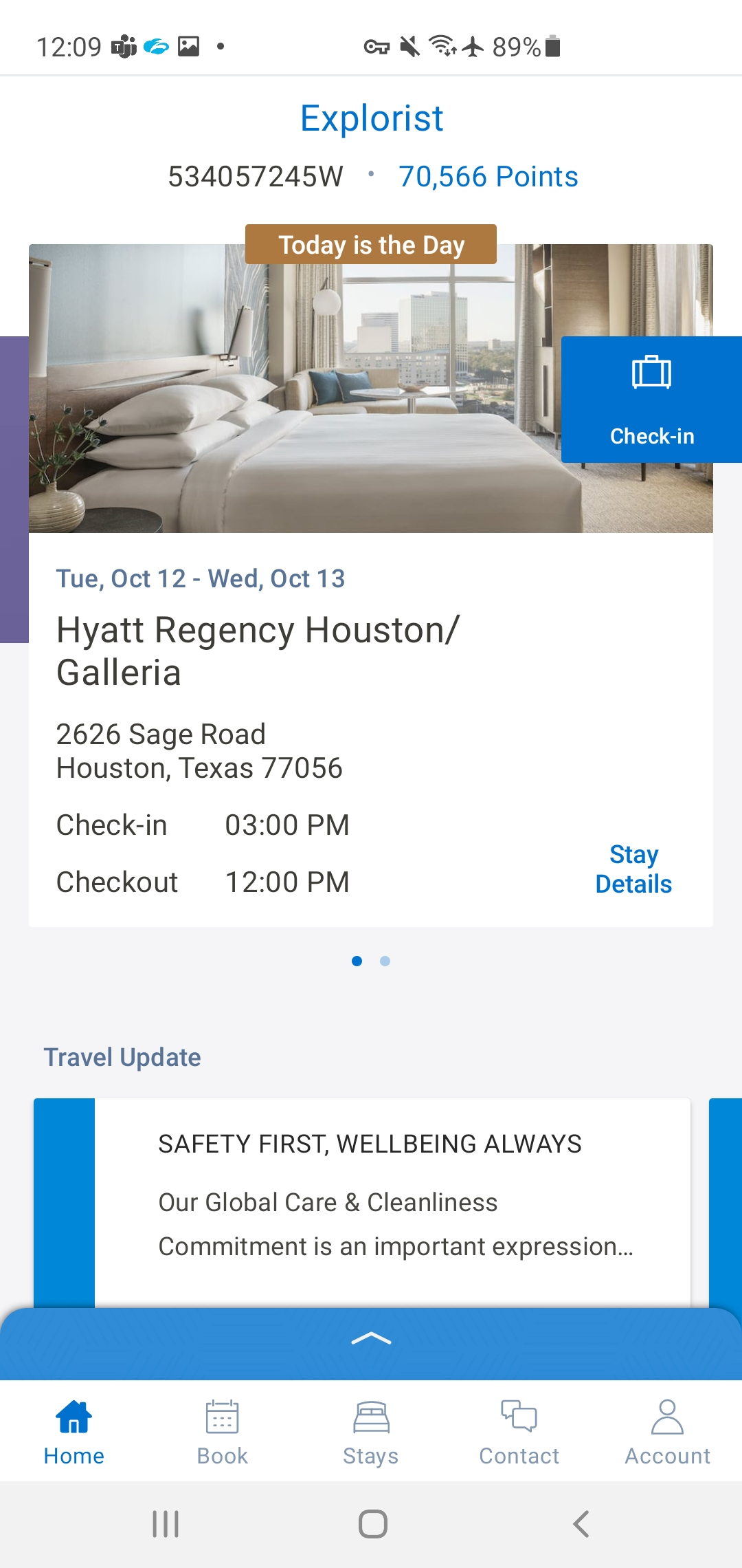 World of Hyatt app home screen — Today is the Day state with Check-In CTA for Hyatt Regency Chicago