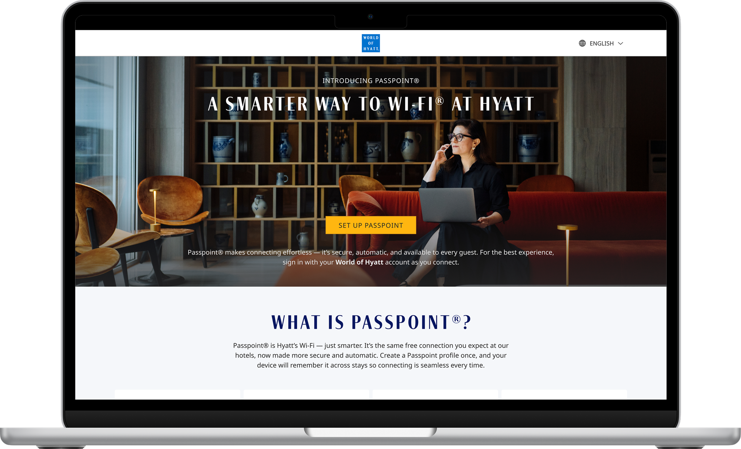HotSpot 2.0 — MacBook mockup showing Passpoint landing page